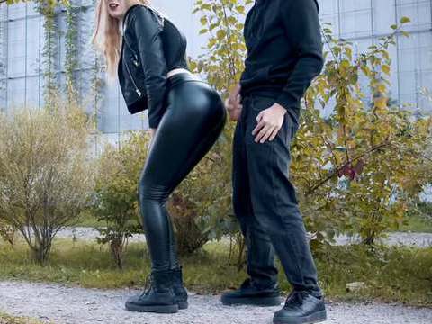 ChiliMovies presents: He cums on my latex leggings in public! - clothedpleasures