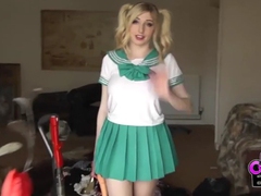 ChiliMovies presents: Costume babe in a miniskirt fucks a toy outdoors