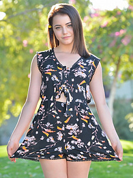 Chili Movies presents: Svelte american dark-haired teen Kylie Quinn in shorts toys her twat outdoor