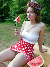 Chili Movies presents: Nice belarusian stunner Rokki removes all clothes on a blanket in a backyard